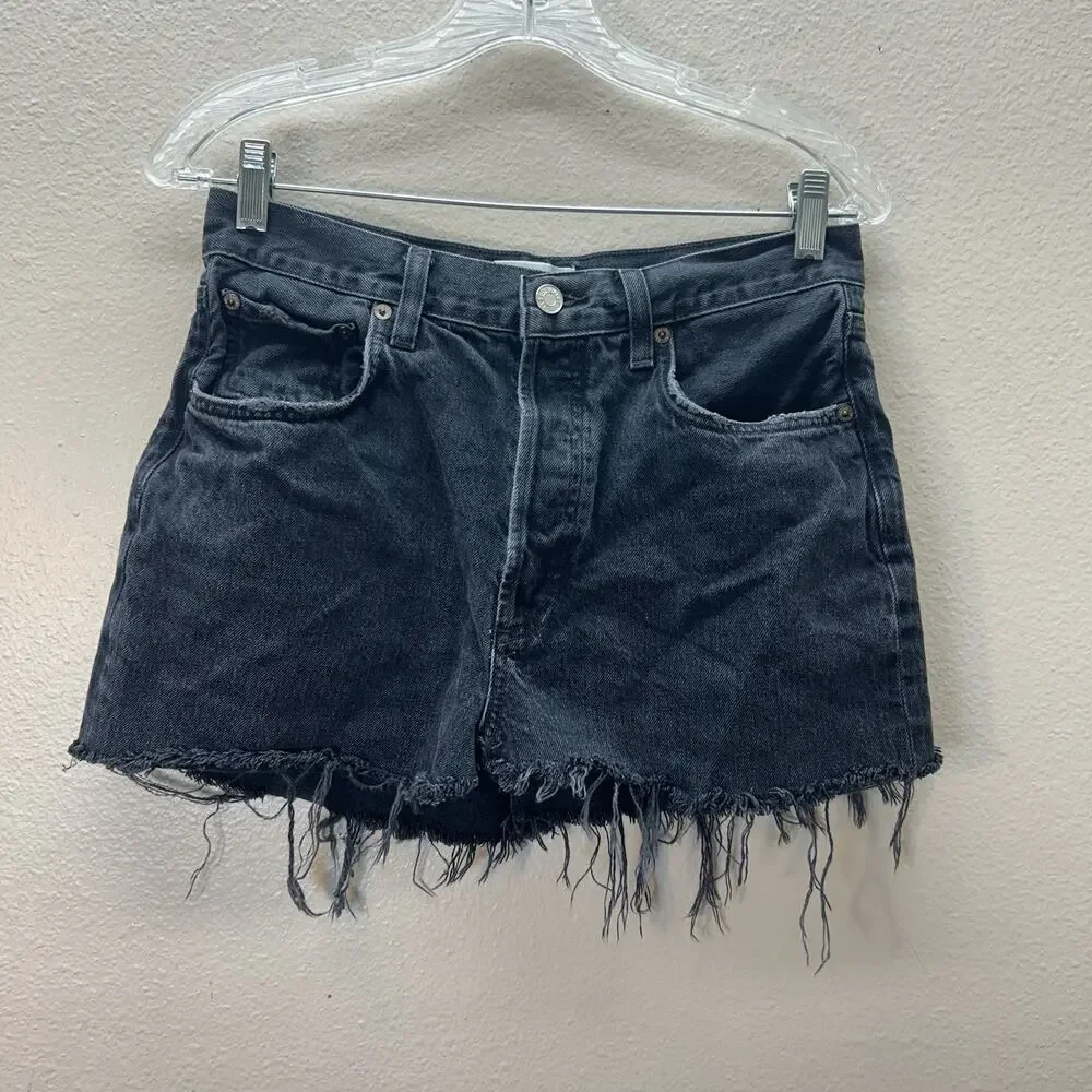 AGOLDE Micro Denim Jean Mini Skirt Black Wash‎ Womens Size 26 Fringe Western